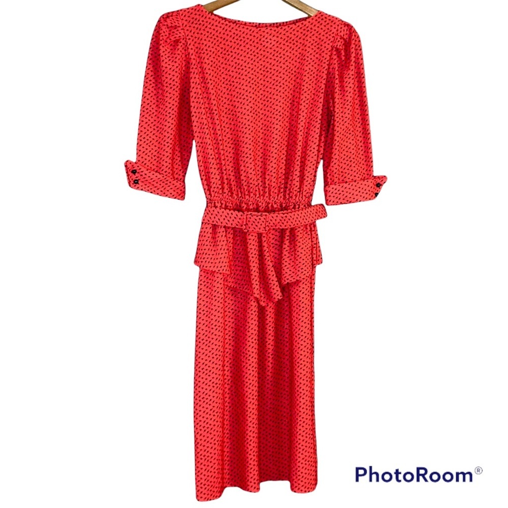 Vintage Peplum Midi Dress with Belt and Shoulder Pads in Red and Black 70’s/80’s